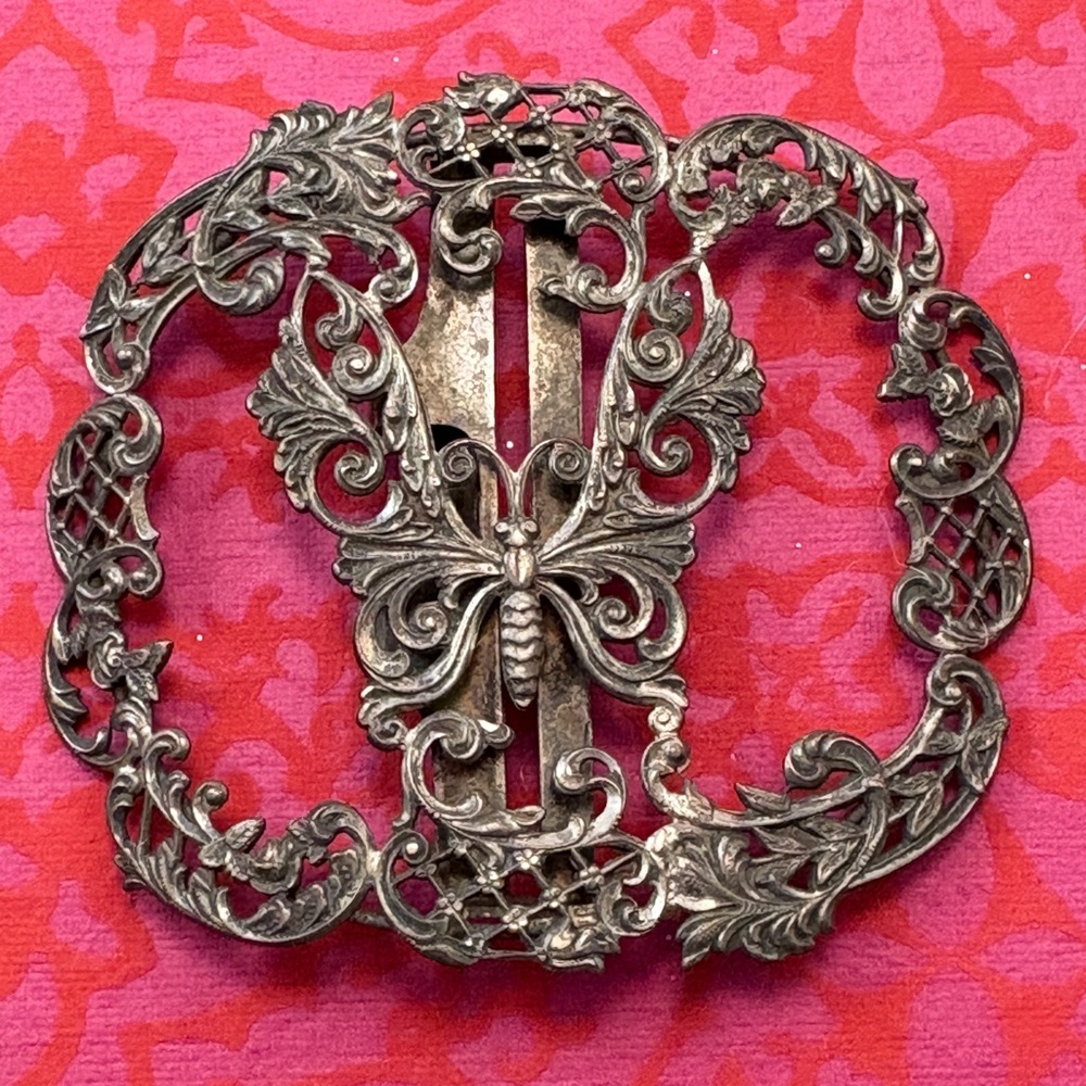 Vintage Silver Art Nouveau Butterfly Buckle - fits 2” belt